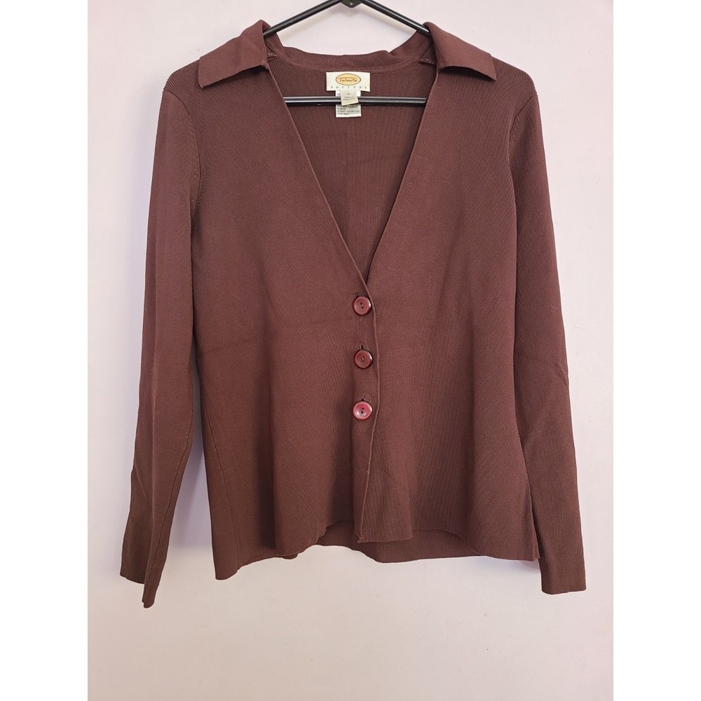 Talbots Brown Ribbed Cardigan Sweater Featuring a V-neckline and Large Buttons.
